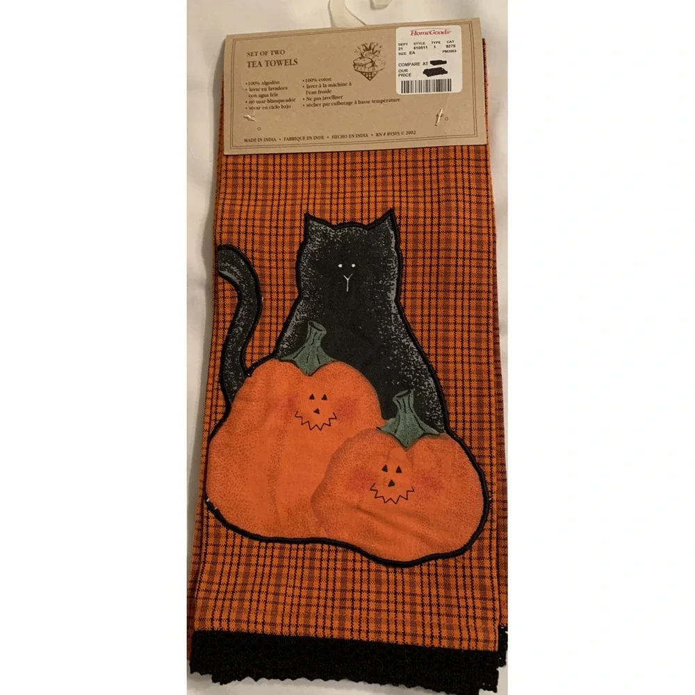 Folk Art Cat Pumpkin Halloween Tea Kitchen Towels Set of 2 NEW